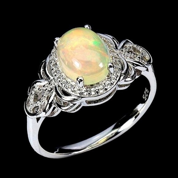 925 Sterling Silver Ring Sz 7.5 with Natural Fire Opal 9x7mm & White Topaz Gems. - Picture 3 of 6